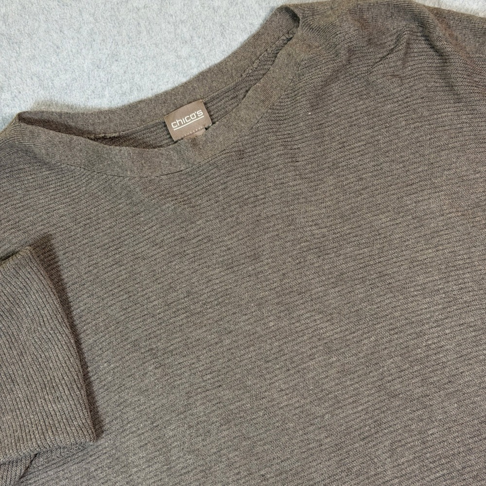 Chico's Ribbed Knit Sweater Taupe Brown Boat Neck 3/4 Sleeve Size 2 Large